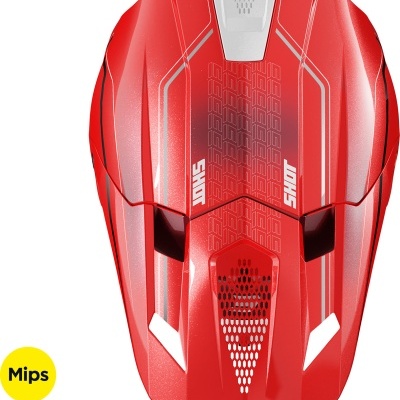Capacete vermelho de bicicleta com texto SHUT e selo Mips D3O