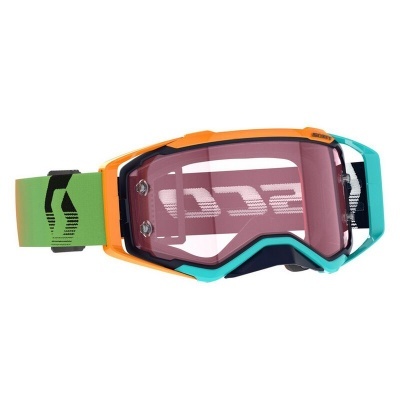 Máscara de proteção com armação laranja e verde e lente rosa translúcida