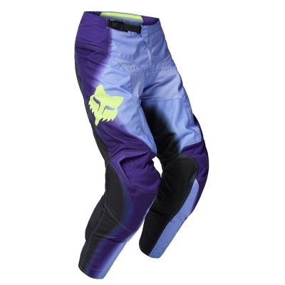 Calças de motocross lilás, roxo e preto com logótipo amarelo de raposa e ventilação