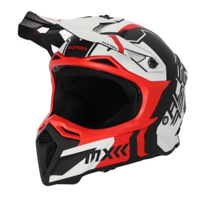 Capacete de motocross branco, vermelho e preto com visor e acolchoamento interno