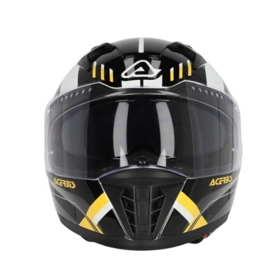 Capacete de motociclista integral preto, amarelo e branco com viseira transparente