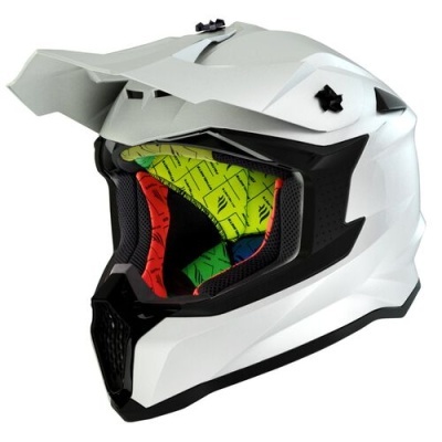 Capacete integral de motocross branco com interior acolchoado colorido e detalhes pretos