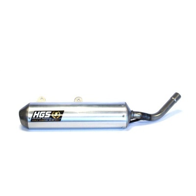 Escapamento metálico prateado para motocicleta com tampa preta e etiqueta HGS
