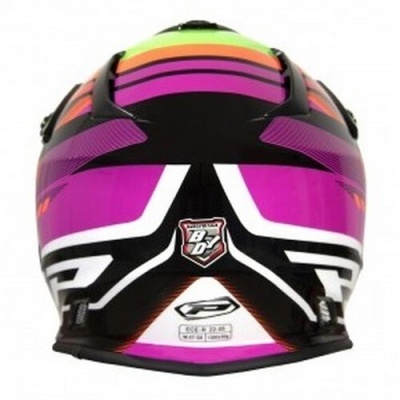 Capacete integral preto com detalhes roxos, rosa e verde