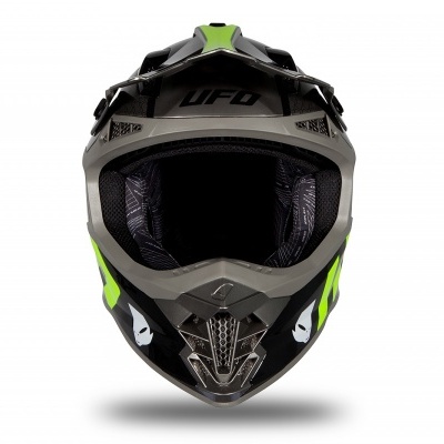 Capacete de motocross cinza, preto e verde fluorescente com a marca UFO