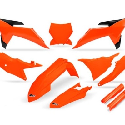 Peças plásticas laranja para mota com detalhes pretos e logotipo VISÃO