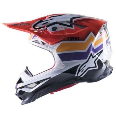 Capacete integral para motocross com padrão colorido e texto '9 M10'