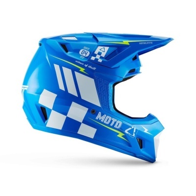 Capacete de motocross azul com padrões brancos e amarelos