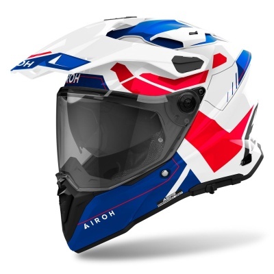 Capacete para motocross branco, azul e vermelho com viseira escura