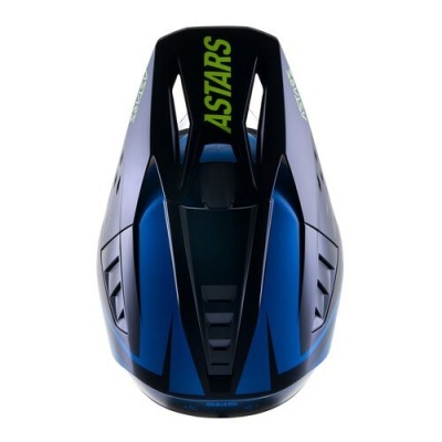 Capacete de motocross preto e azul com texto ASTARS verde