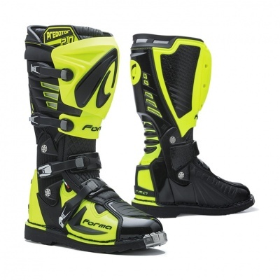Botas de motocross pretas e amarelas fluorescentes