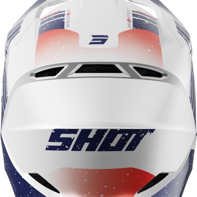 Capacete de motocross branco, vermelho e azul com texto 'SHOT' e número '3'