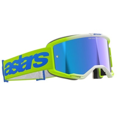 Óculos desportivos verdes com lente espelhada azul e correia branca e azul com texto