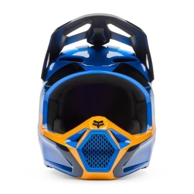 Capacete integral azul, laranja e preto com visor hexagonal perfurado