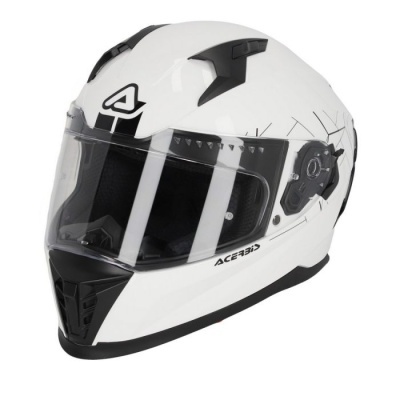 Capacete integral branco e preto com viseira transparente da marca Acerbis