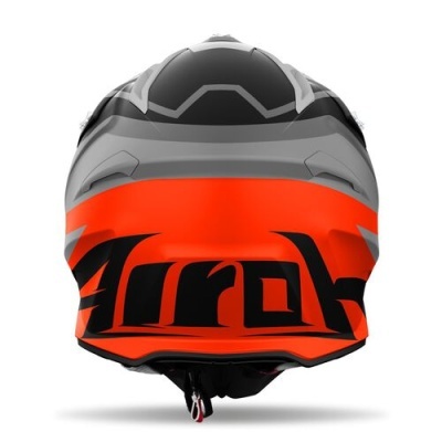 capacete de motocross cinza, preto e laranja com texto Airoh