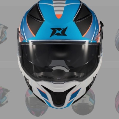 Capacete integral moto azul, branco e preto com visor escuro