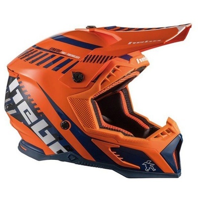 Capacete motocross laranja com detalhes azuis e texto 'hebo'.