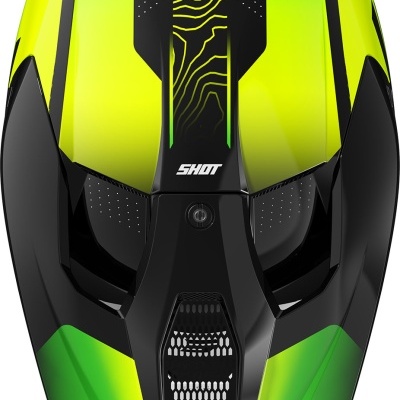 Capacete de motocross verde, amarelo e preto com ventilação e texto SHOT
