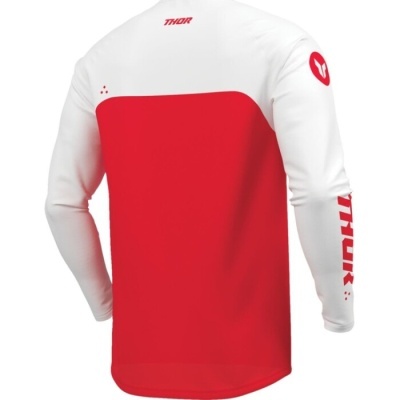 Camisola desportiva branca e vermelha com texto THOR e logo vermelho na manga