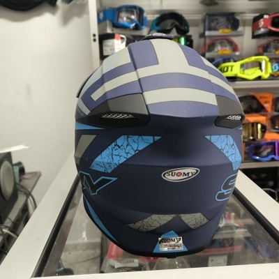Capacete de mota azul escuro Suomy com padrões azuis e cinzentos e entradas de ventilação