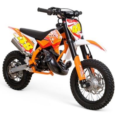 Motocross infantil laranja e branco com pneus pretos e número 48 amarelo