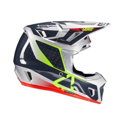 Capacete integral motocross cinza, branco, vermelho, amarelo fluorescente com texto LEATT