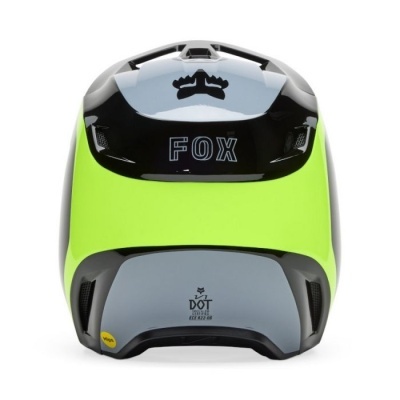 Capacete de bicicleta Fox cinza, preto e amarelo fluorescente visto de trás