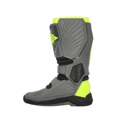 Bota para motociclismo cinzenta e amarela fluorescente com detalhes pretos