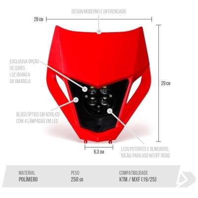 Farol dianteiro de mota vermelho com LEDs e bloco ótico acrílico