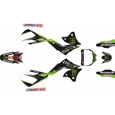 Autocolantes para motocicleta nas cores preto, verde e branco com logotipos Kawasaki, Michelin, Monster e DID.