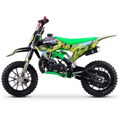 Moto de cross verde, preta e amarelo-limão com assento verde e texto ROAN RACING