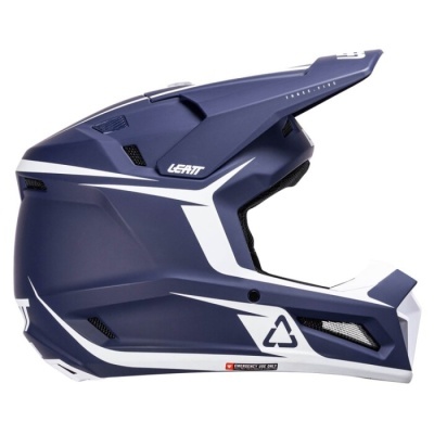 capacete integral motocross azul escuro e branco com marca LEATT