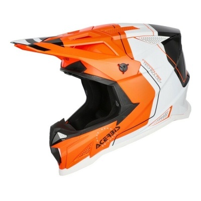 Capacete de motocross laranja, branco e preto com visor e ventilação