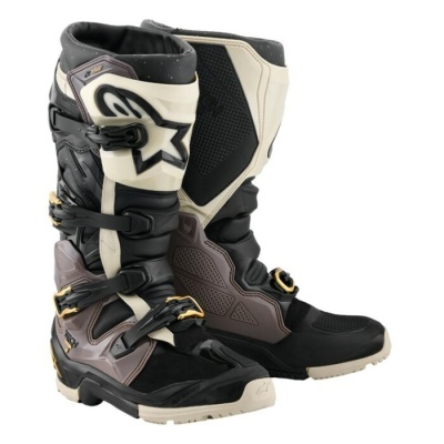 Botas de motocross Alpinestars pretas, bege e castanho com fivelas e logotipo Alpinestars