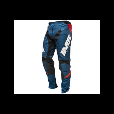 Calças desportivas azuis, pretas e vermelhas IMS com texto branco