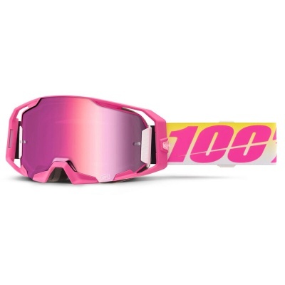 Óculos de proteção desportivos rosa com lentes espelhadas e fita elástica branca com amarelo e rosa