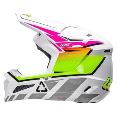 Capacete integral motocross branco com detalhes rosa, verde e cinza e texto LEATT.