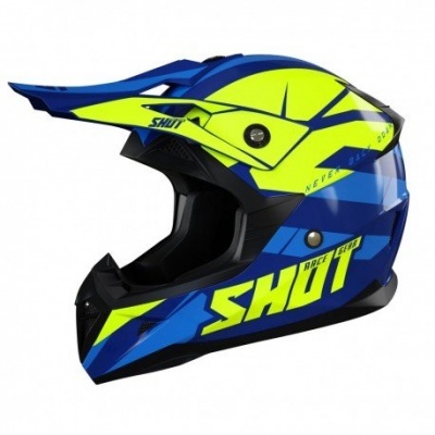 Capacete motocross azul amarelo fluorescente com o texto SHOT