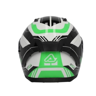 Capacete de motocicleta preto, branco e verde com padrões geométricos