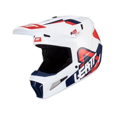 Capacete integral branco com detalhes coloridos e texto LEATT CT 4.0