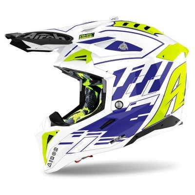 capacete motocross branco azul amarelo com visor preto e interior acolchoado