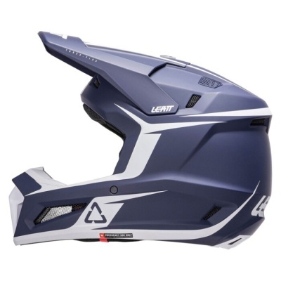 Capacete integral azul escuro com detalhes brancos e aberturas para ventilação