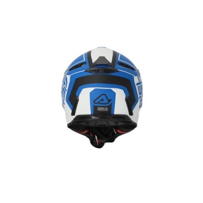 Capacete de mota azul branco e preto visto de trás