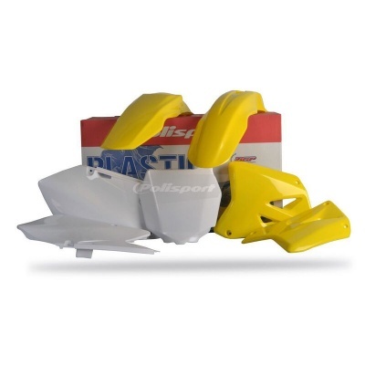 Peças plásticas amarelas e brancas para motocicleta com caixa de embalagem azul, branca e vermelha.