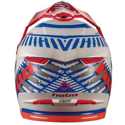Capacete integral vermelho, branco e azul com texto Hebo Stratos
