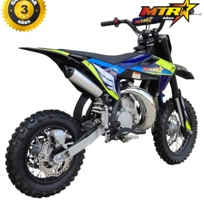 Motocross de criança azul, amarelo e preto com logotipo MTRX e selo de garantia 3 años