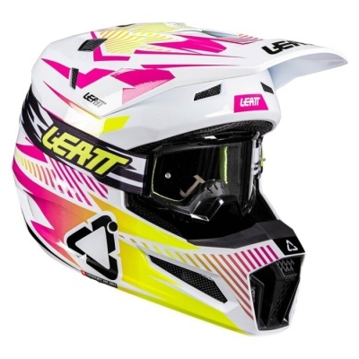 Capacete integral motocross branco com detalhes rosa, amarelo, preto e óculos preto