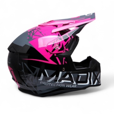capacete integral preto e rosa com padrões geométricos e texto MADIX PROTECTION WEAR