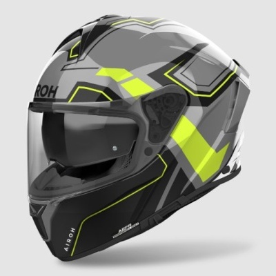 Capacete integral para motociclista cinza, preto e amarelo fluorescente com viseira transparente